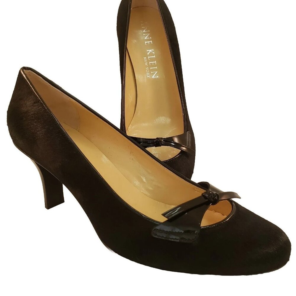 Anne Klein Pony Hair Heels Womens 9.5 M Black Patent Bow Low Pumps Italy